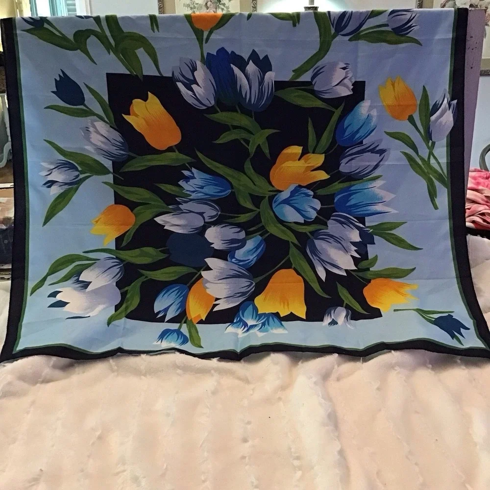 Vintage Blue Orange Tulip Flower Floral Scarf 26